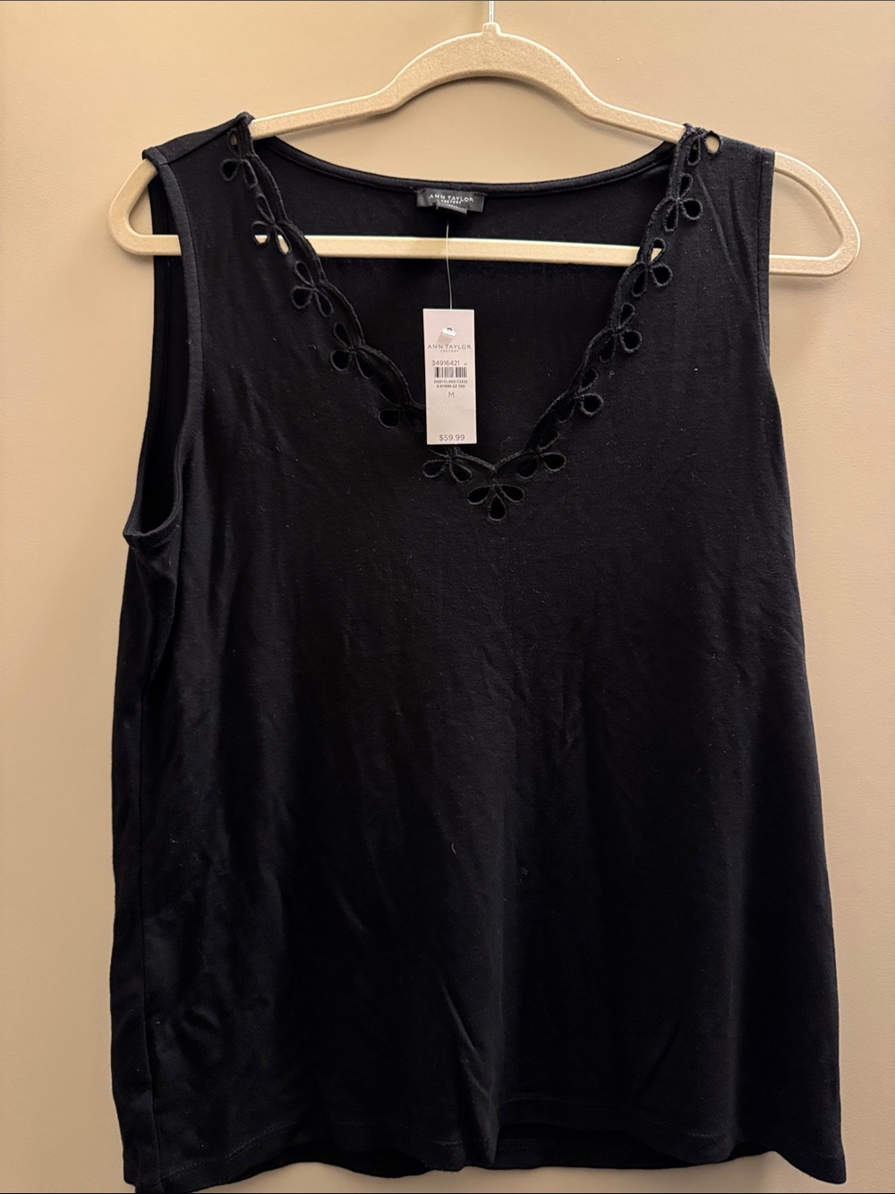 Ann Taylor Black V-Neck Sleeveless Tank with Loop Trim - New